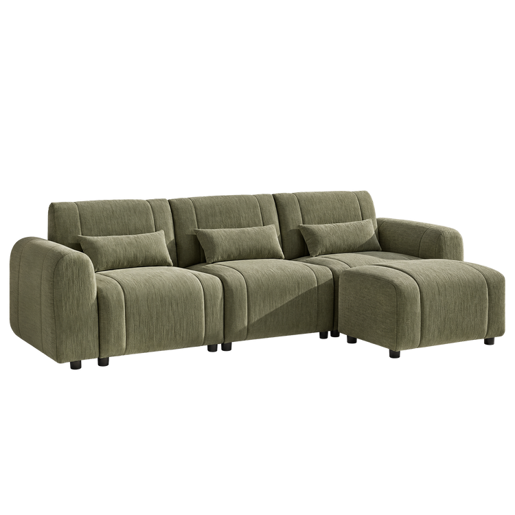 Olive-green sectional sofa with three seat cushions, three back cushions, matching throw pillows, and a chaise extending to the right.