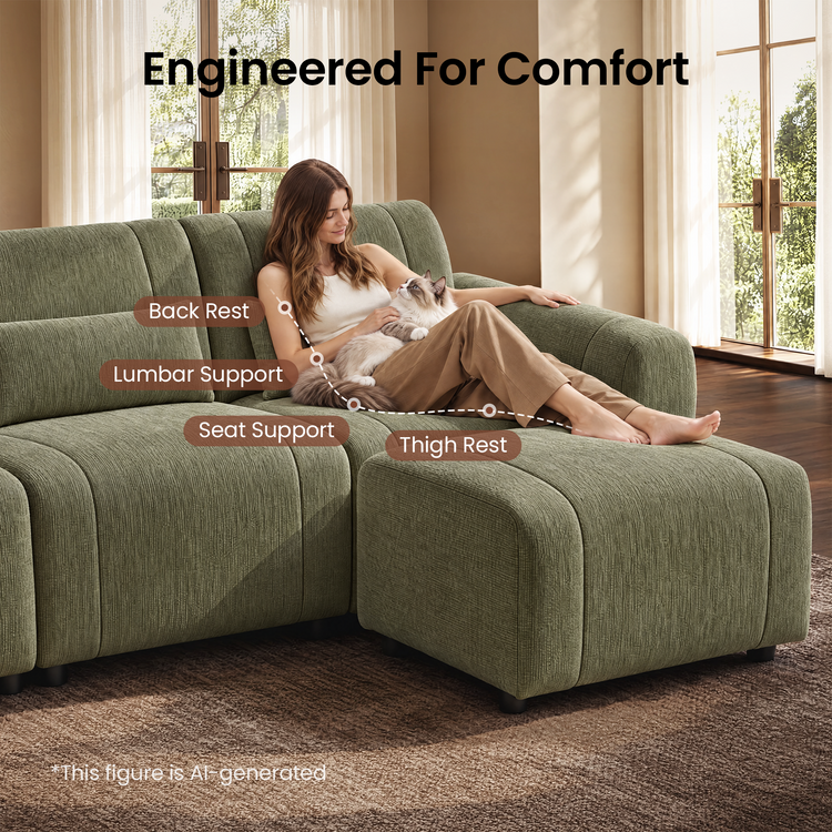 Diagram of a woman reclining with a cat on a green sofa, with a dashed line and labels marking back rest, lumbar support, seat support and thigh rest.