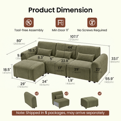 Dimension diagram of an olive-green three-seat sofa with three rectangular cushions and a matching ottoman at the front left, showing measurement lines and separate arm, seat and ottoman components.