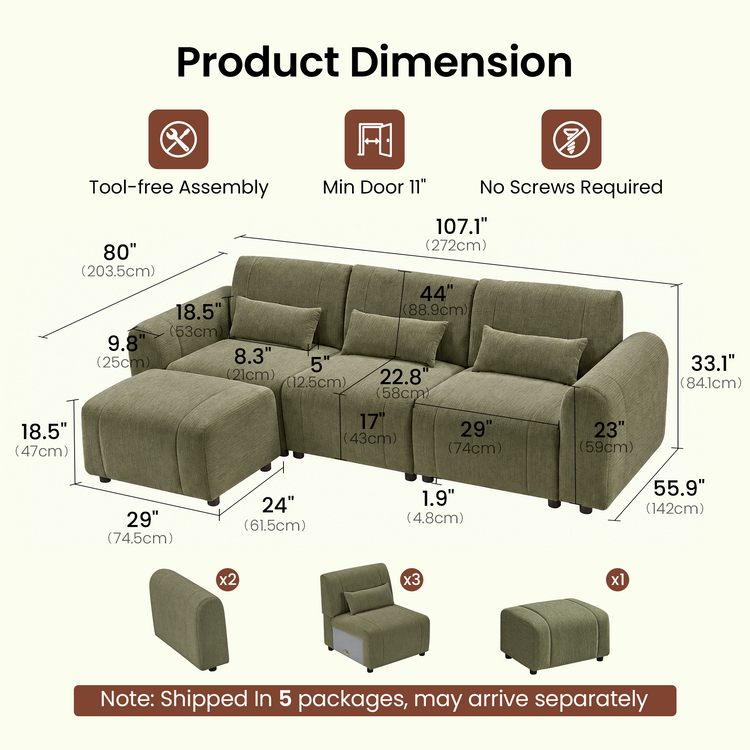 Dimension diagram of an olive-green three-seat sofa with three rectangular cushions and a matching ottoman at the front left, showing measurement lines and separate arm, seat and ottoman components.