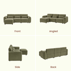 Front, angled, side and back views of an olive-green three-seat sofa with rounded arms, three rectangular pillows, short dark legs and a matching footstool.