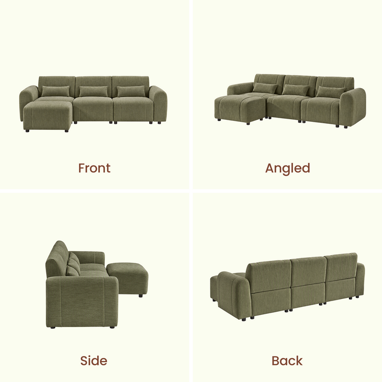 Front, angled, side and back views of an olive-green three-seat sofa with rounded arms, three rectangular pillows, short dark legs and a matching footstool.