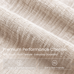Cream chenille fabric close-up labeled Premium Performance Chenille.
