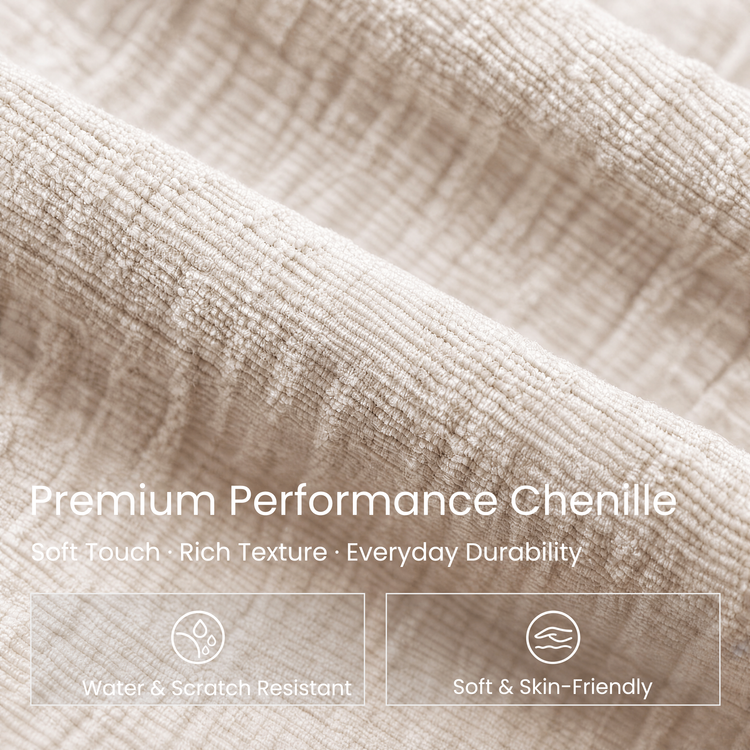 Cream chenille fabric close-up labeled Premium Performance Chenille.