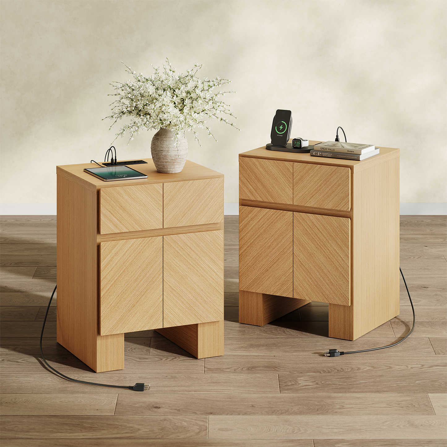 Galileo 23.5" Wood Night Stand with Charging Station Natural Oak