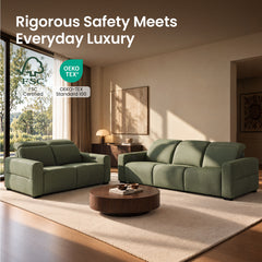 Green sofas in a sunlit living room beneath FSC and OEKO-TEX certification graphics.
