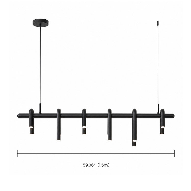 Diagram of a black pendant light with a horizontal bar, six curved tubular light elements, two suspension cables and a width dimension line below.