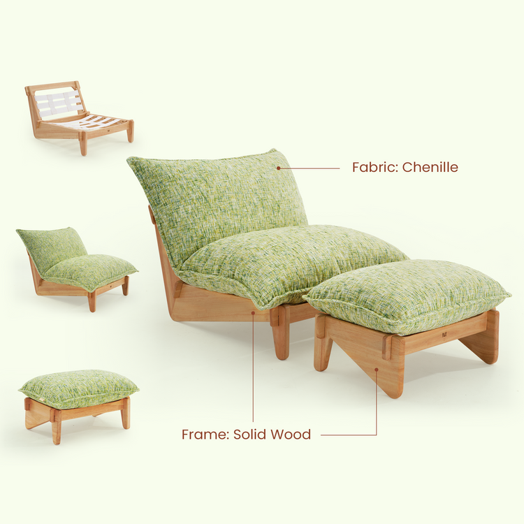 Accent Chair and Ottoman Set, Oversized Chenille Cloud Lounge Chair with Solid Wood Frame-Llia，Sage Green