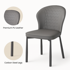 Chair has a quilted back, smooth cushion, and four dark legs, Labels identify PU leather upholstery and carbon-steel legs