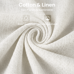 Close-up of loosely woven white fabric labeled cotton and linen.
