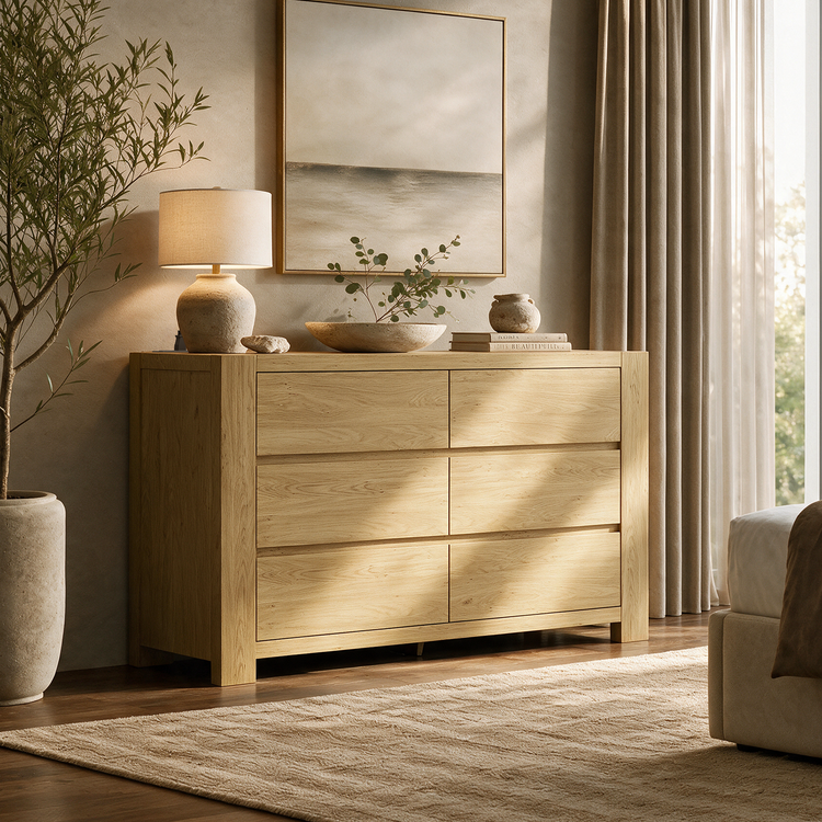 Light wood-grain six-drawer chest topped with a lamp, leafy arrangement and stacked books beneath framed artwork, beside a potted tree and curtained window.