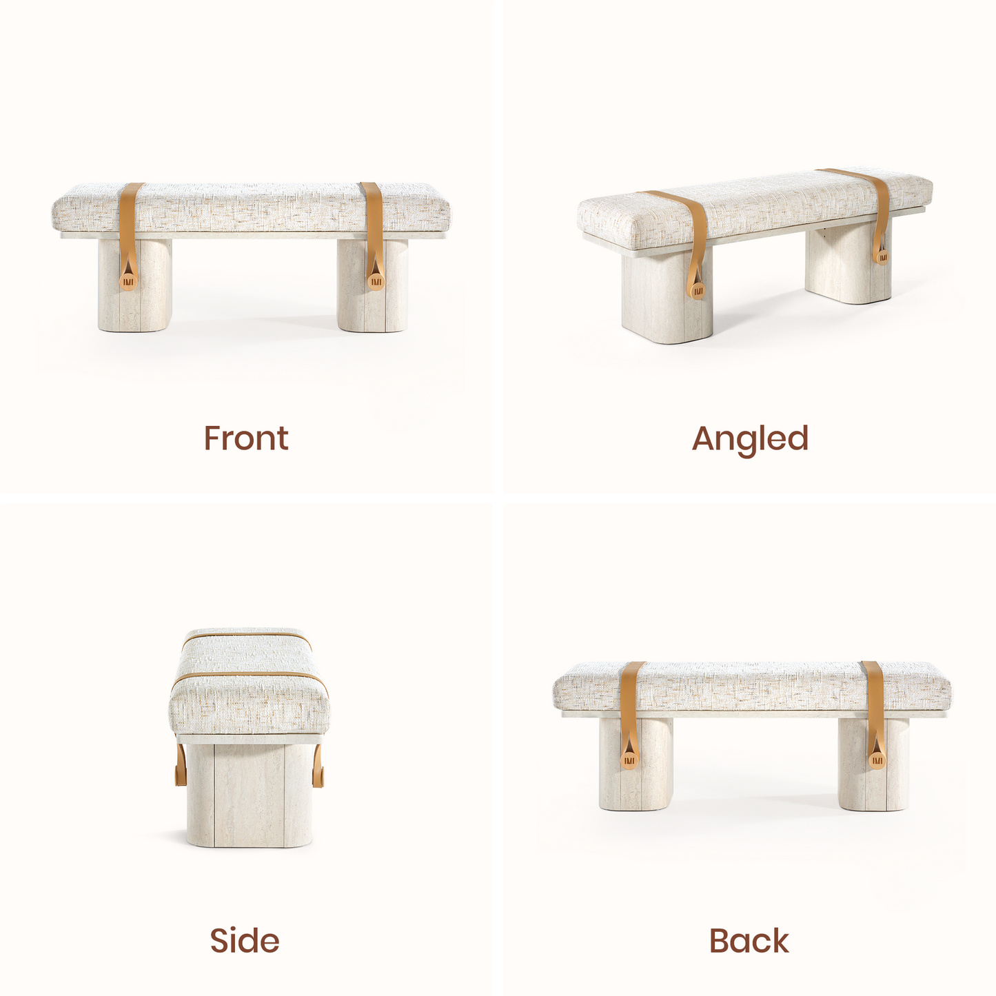 Freya Upholstered Bench, Sandstone Beige – Faux Travertine Base & Leather Accents