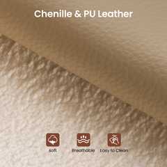 Close-up of beige chenille and PU leather material samples.