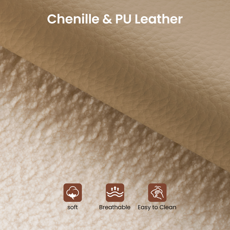 Close-up of beige chenille and PU leather material samples.