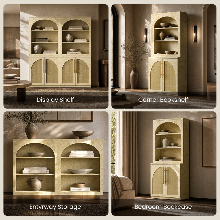 [Pre-Sale] Harmo Block 70" Arched Bookcase with Doors,  Hall Tree & Entryway Cabinet, Burl