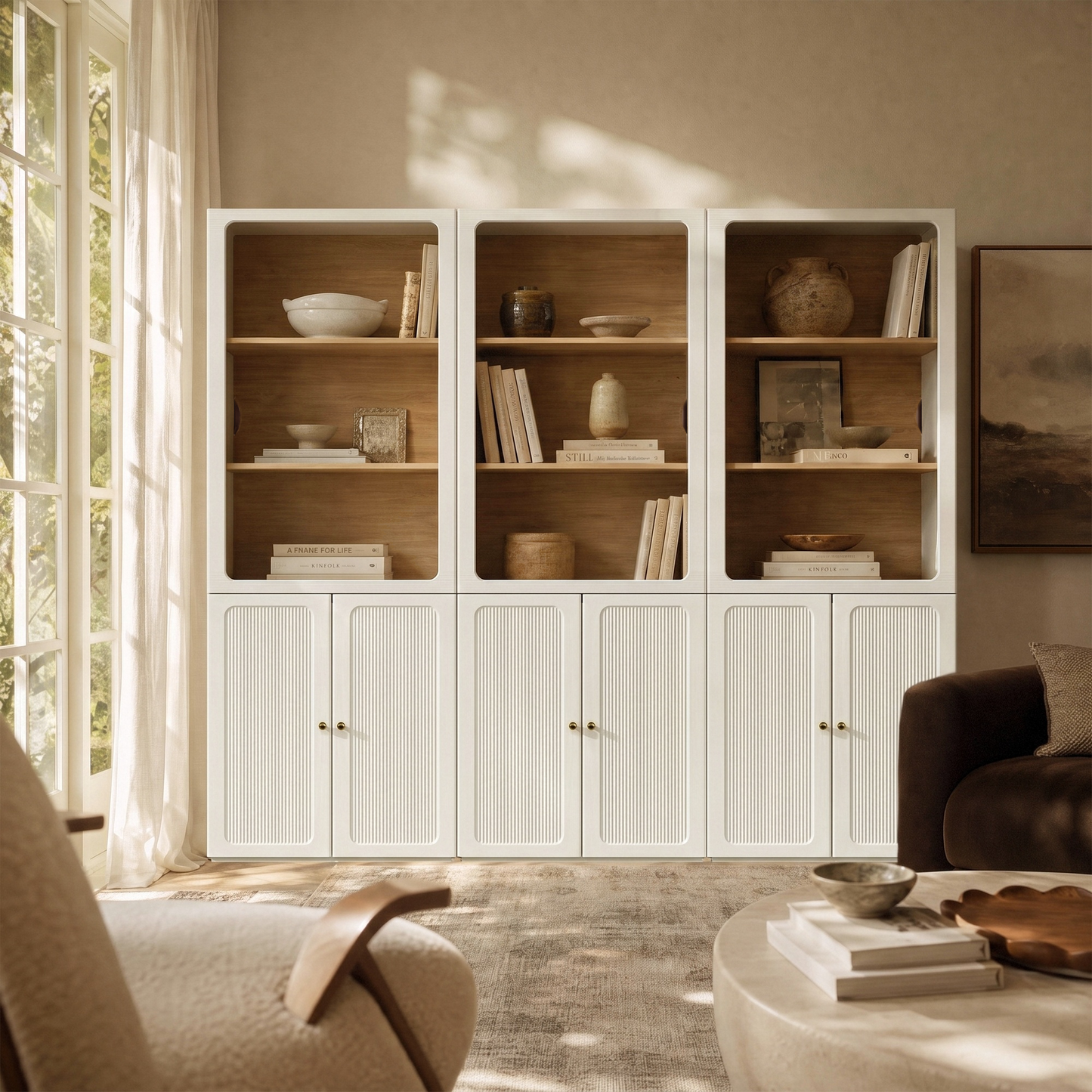 FlexMod 78.1" Modular Tall Bookcase with Scalloped Doors, Open Shelves & LED Lighting