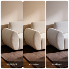 Three side-by-side views of a cream upholstered seat with a rounded arm beside a textured rug, labeled Bright Light, Warm Light and Cold Light, show differences in color tone.