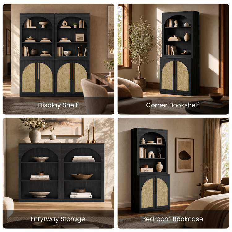 [Pre-Sale] Harmo Block 70" Arched Bookcase with Doors,  Hall Tree & Entryway Cabinet, Black&Burl Wood