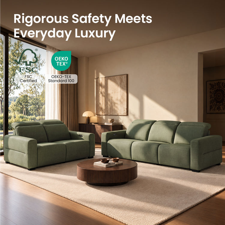 Green sofa and loveseat beneath FSC Certified and OEKO-TEX Standard 100 labels.