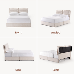 Four panels show an upholstered bed with two padded headboard cushions from different views