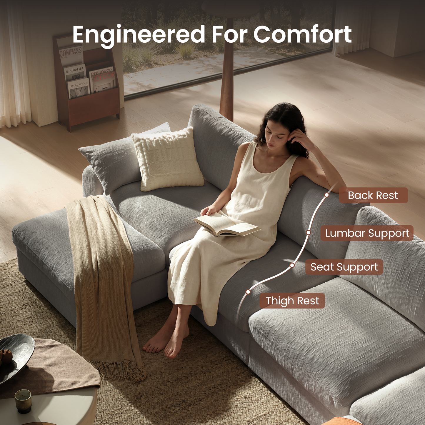 Rialto Modular Chenille U-Shape Sofa with Storage Ottoman,Gray
