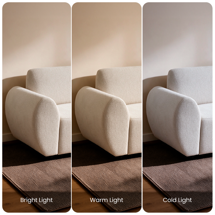 Three side-by-side views of a cream upholstered seat with a rounded arm beside a textured rug, labeled Bright Light, Warm Light, and Cold Light.