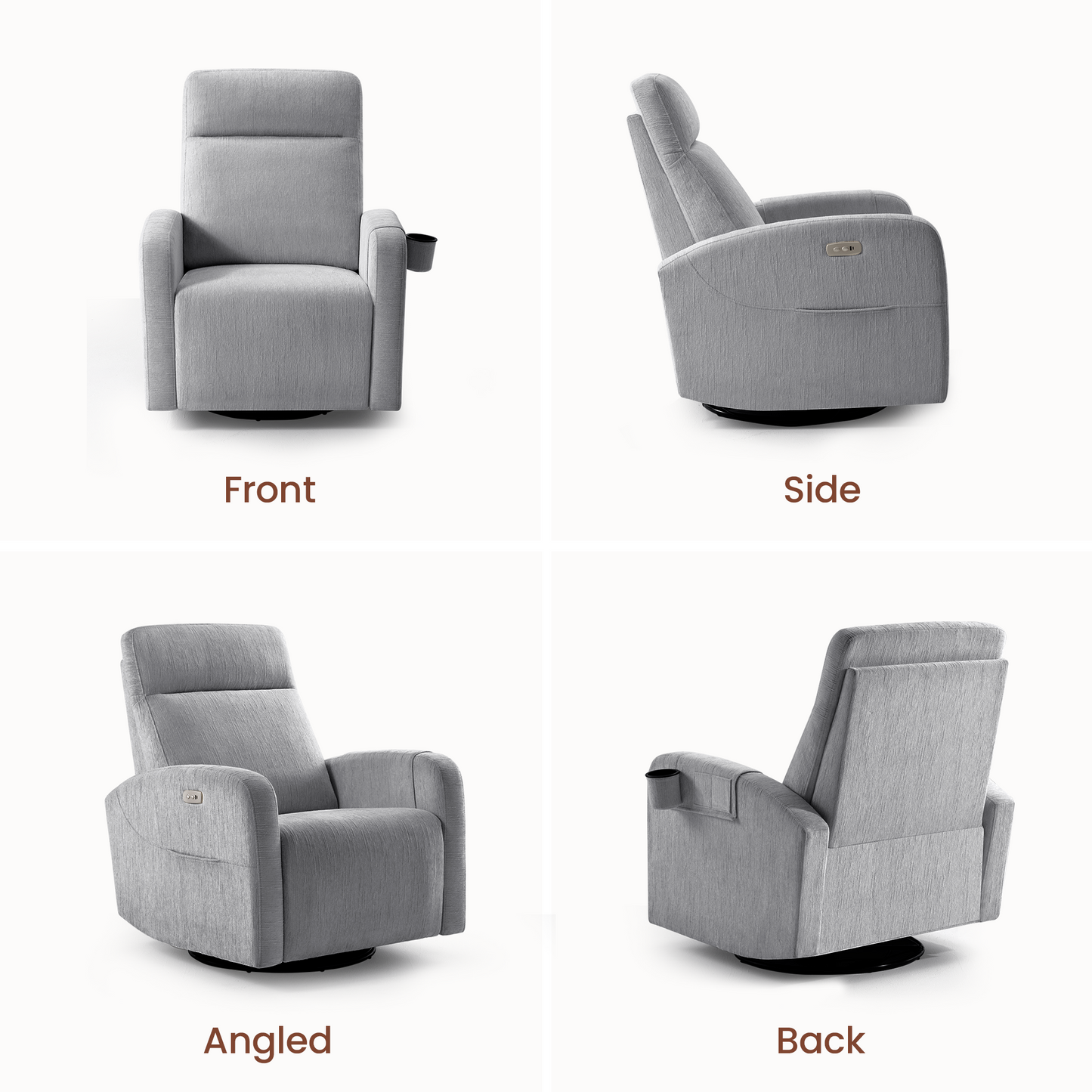 Nursery Power Swivel Glider Recliner with Adjustable Headrest & USB-C、Grey