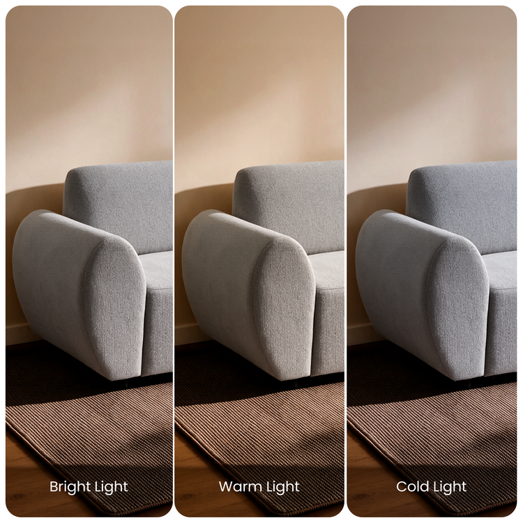Three side-by-side views of a light gray upholstered seat with a rounded arm beside a brown rug, labeled Bright Light, Warm Light and Cold Light.