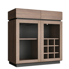 A dark wood cabinet with two glazed doors, open shelves, and a grid of bottle compartments appears on black