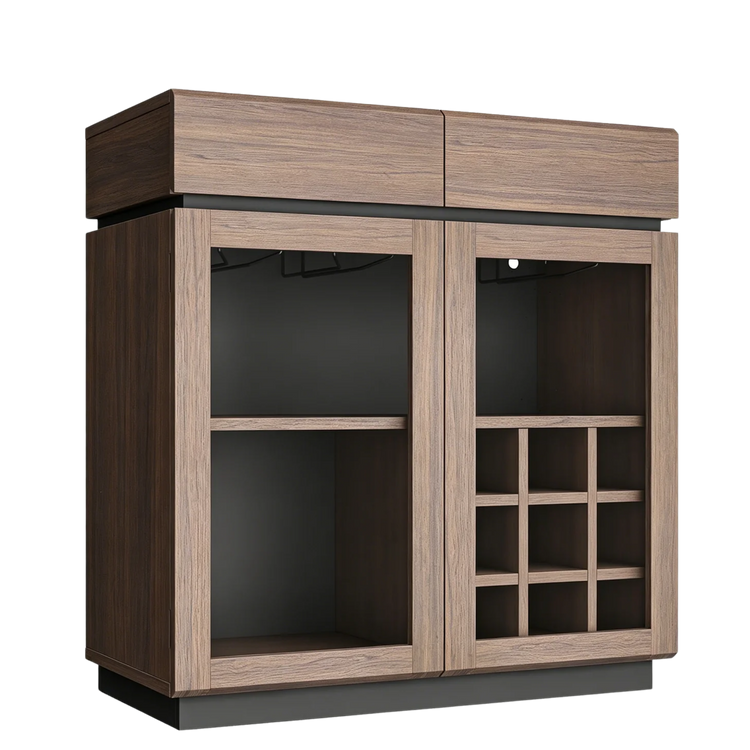 A dark wood cabinet with two glazed doors, open shelves, and a grid of bottle compartments appears on black
