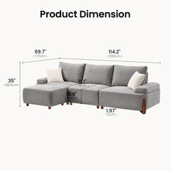 Dimension diagram of a gray sofa with a left-side chaise, three back cushions, two white pillows and brown legs, with measurement lines marking width, depth, height, seat depth and seat height.