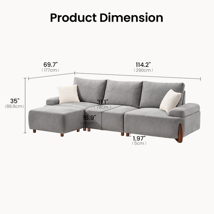 Dimension diagram of a gray sofa with a left-side chaise, three back cushions, two white pillows and brown legs, with measurement lines marking width, depth, height, seat depth and seat height.