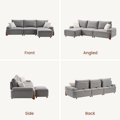 Four views of a gray sectional sofa with white cushions: front, angled, side, and back.