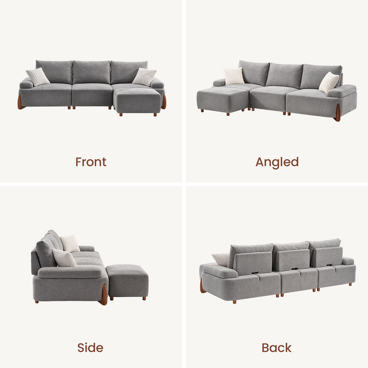 Four views of a gray sectional sofa with white cushions: front, angled, side, and back.