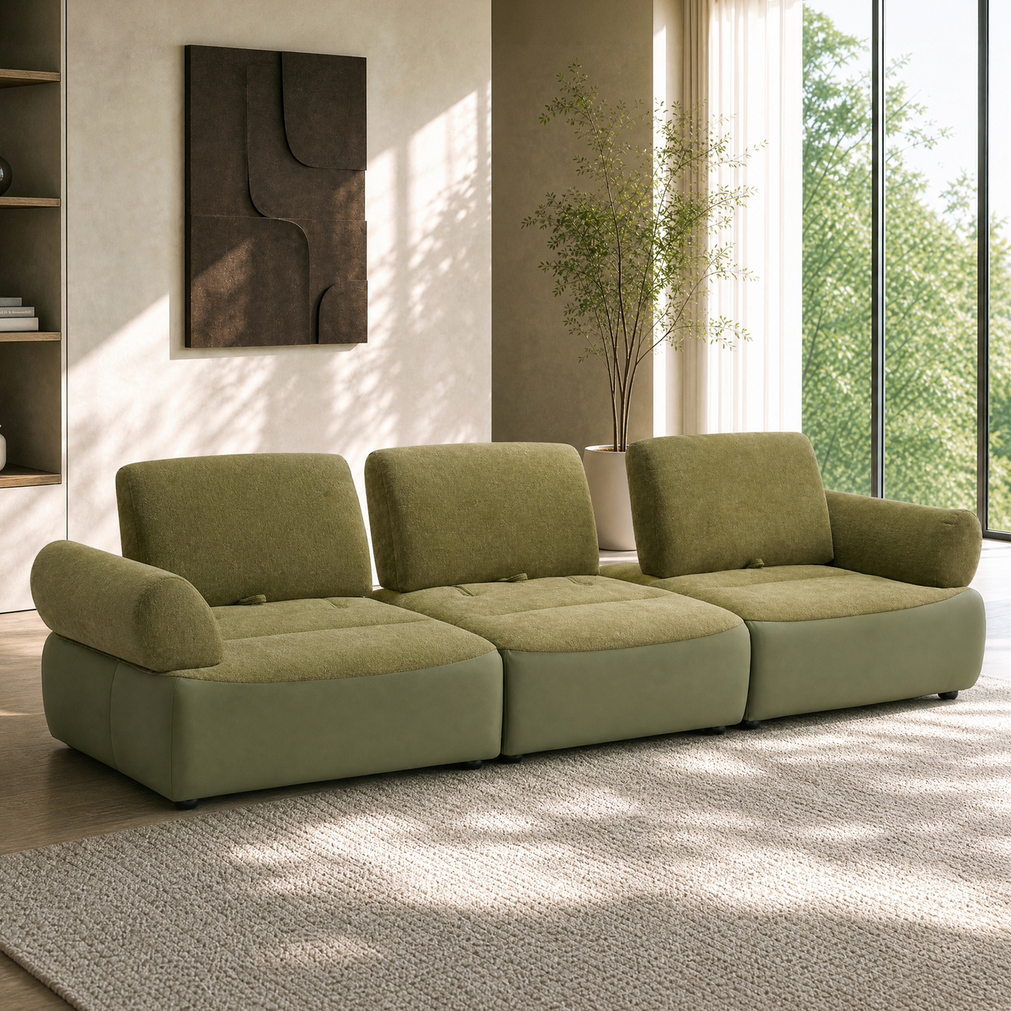 [Pre-Sale] 118-Inch Wide Modern 3-Seater Deep-Seat Sofa - Olive Green Chenille and Faux Leather