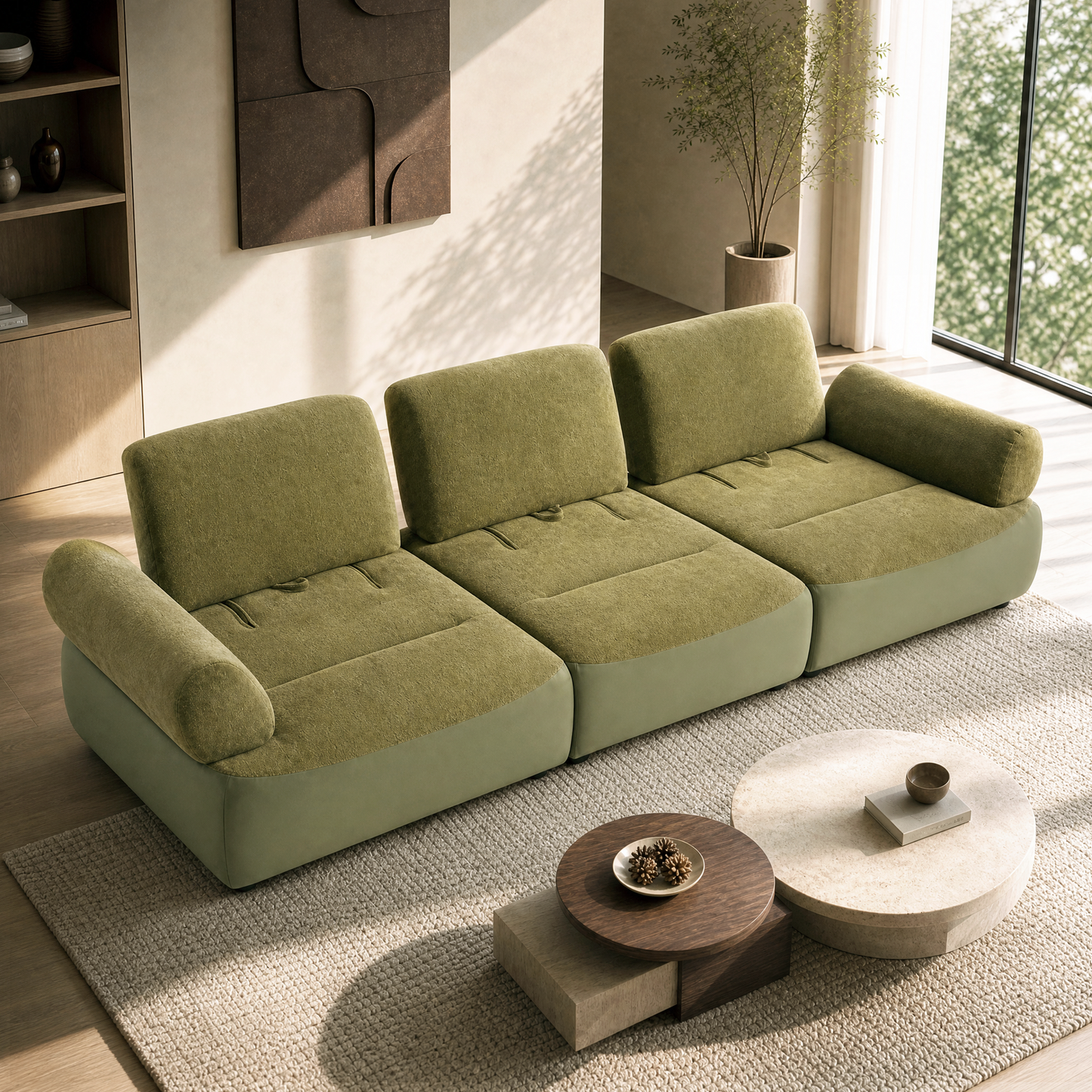 [Pre-Sale] 118-Inch Wide Modern 3-Seater Deep-Seat Sofa - Olive Green Chenille and Faux Leather