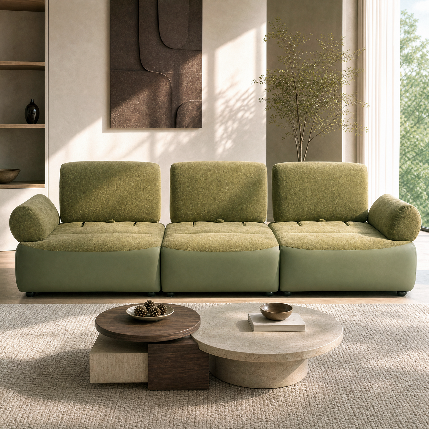 Green modular sofa shown in a living room