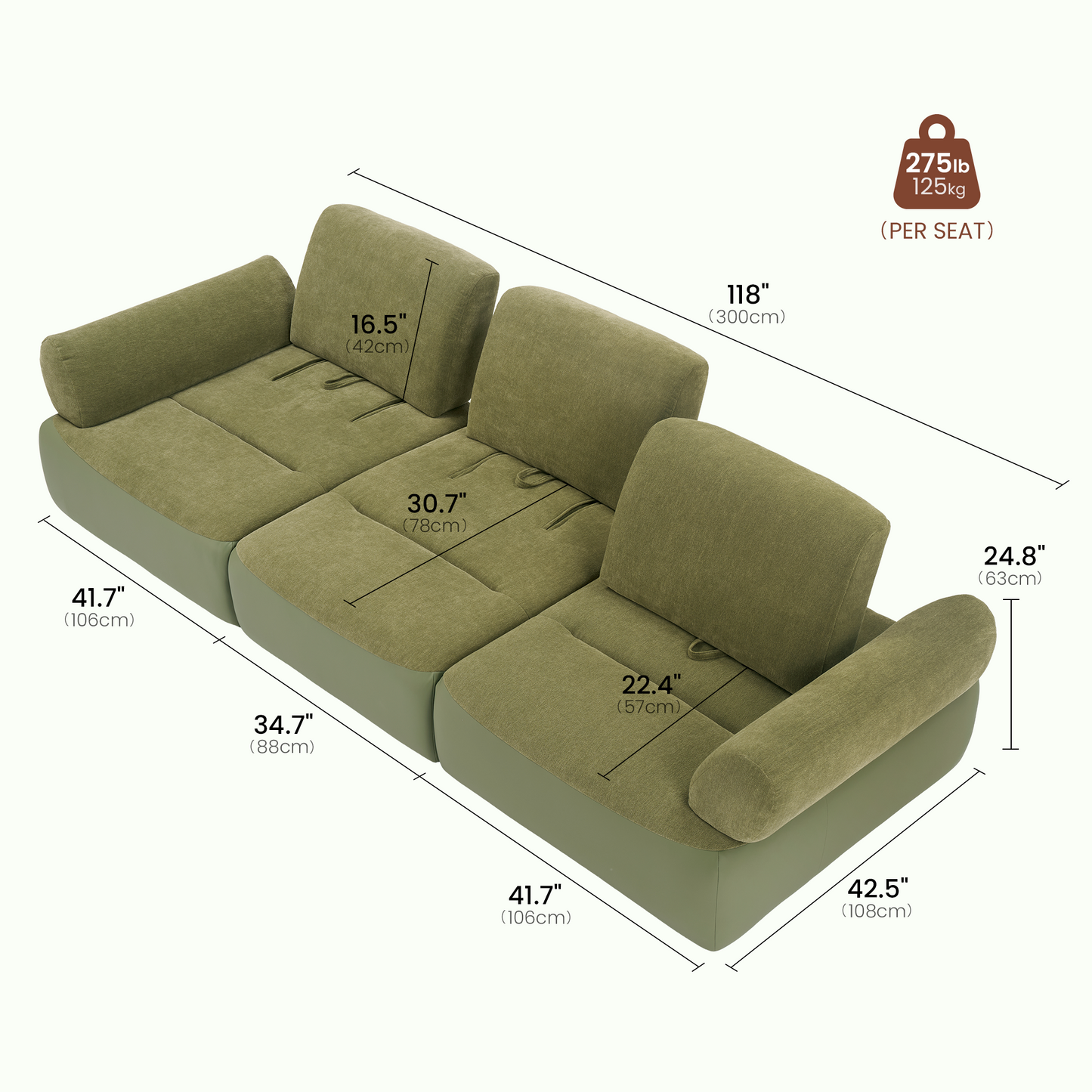[Pre-Sale] 118-Inch Wide Modern 3-Seater Deep-Seat Sofa - Olive Green Chenille and Faux Leather