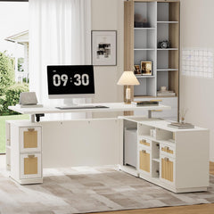 White corner workstation has raised surfaces, drawers, cabinets, and open compartments