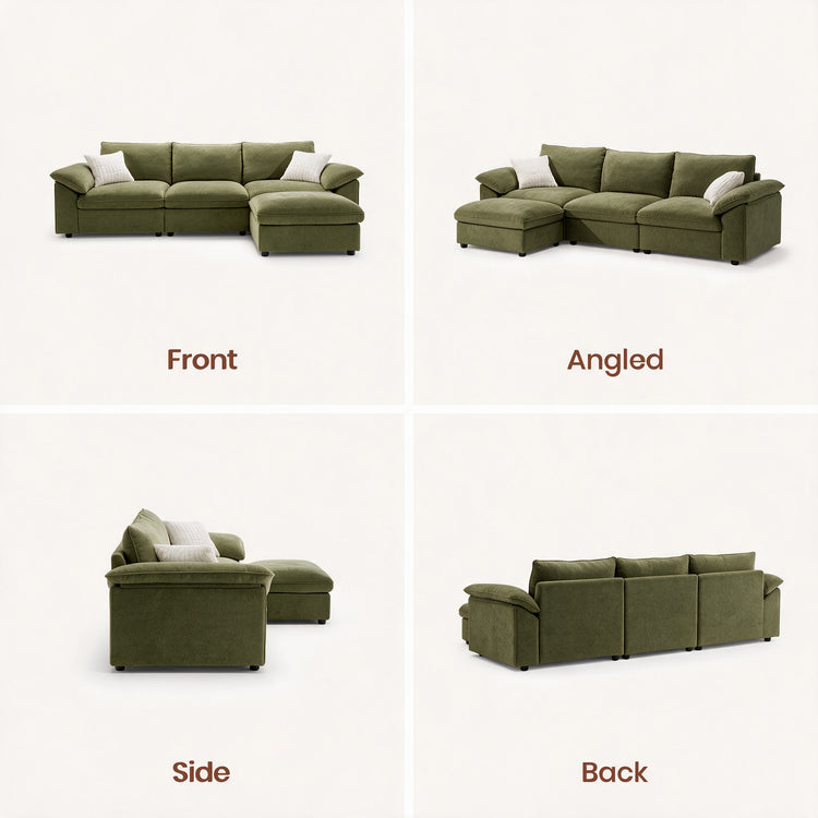 Sofá modular en forma de L Dreamboat de chenilla con otomana de almacenamiento, beige