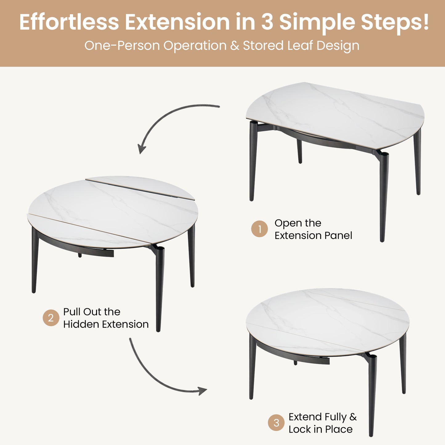 51.2" Round Sintered Stone Extendable Dining Table, Seats 4–6