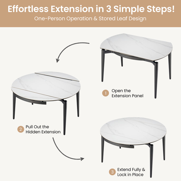 [Pre-Sale] 51.2" Round Sintered Stone Extendable Dining Table, Seats 4–6