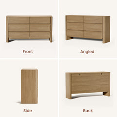 Four panels show a light wood six-drawer dresser from front, angled, side, and back views