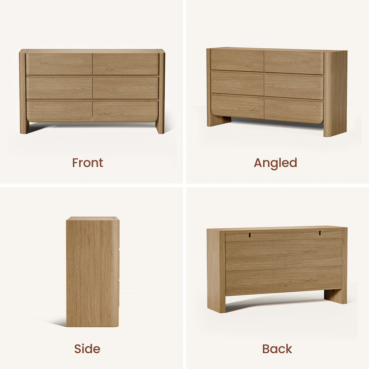 Four panels show a light wood six-drawer dresser from front, angled, side, and back views