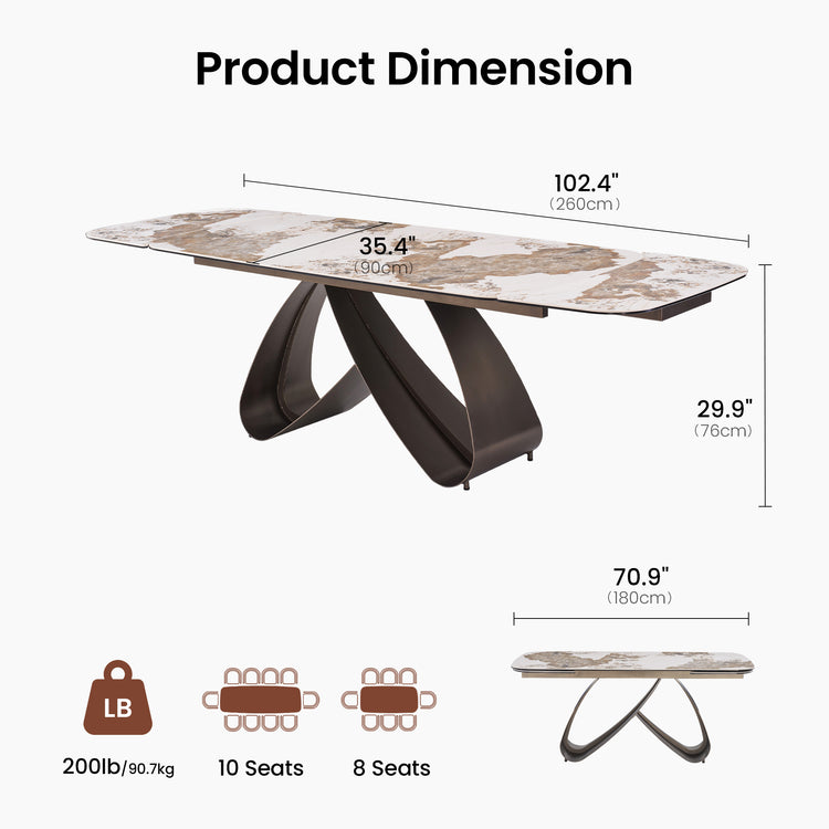 70.9"-102.4" Extendable Dining Table, Pandora Glossy Sintered Stone Modern Kitchen Table with Ribbon Loop Base