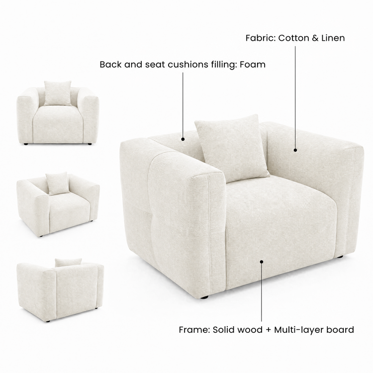 Cream armchair shown from multiple angles with labels for cotton-linen fabric, foam cushions, and wood-composite frame.
