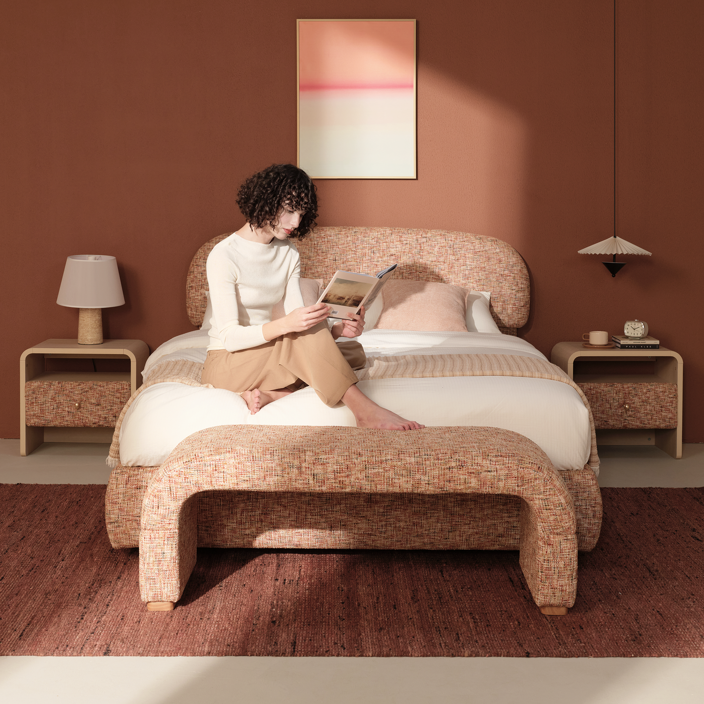 Dione 4-Piece Queen Storage Bedroom Set: Lift-Up Bed, 2 Nightstands & Bench, Canyon Dawn Red