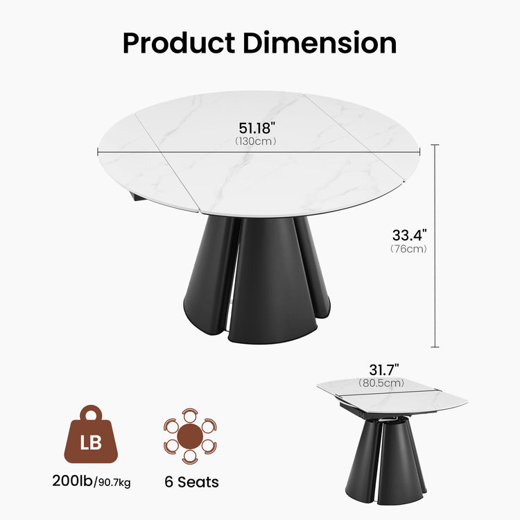 51.18" Round Extendable Dining Table, Modern Glossy Sintered Stone Kitchen Table