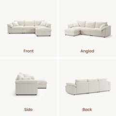 Four views show an off-white sectional sofa with chaise