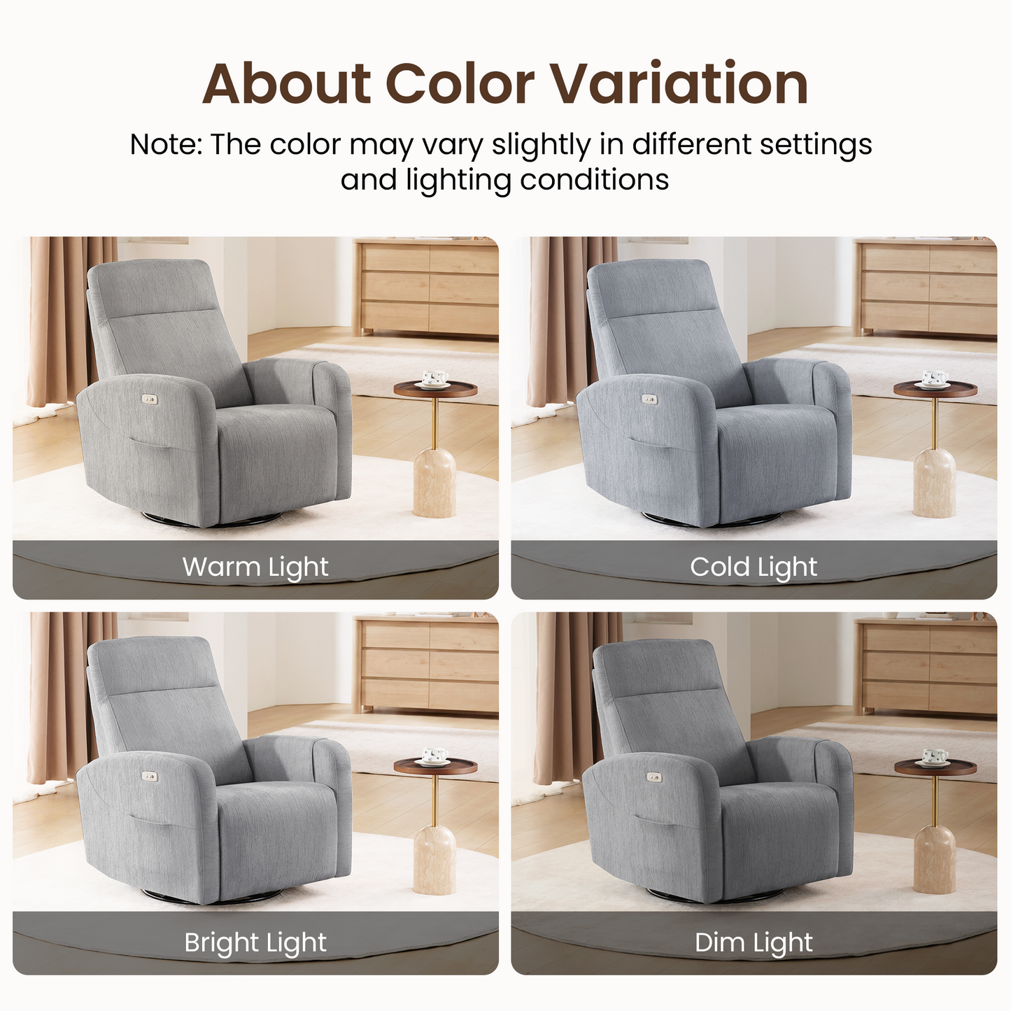 Nursery Power Swivel Glider Recliner with Adjustable Headrest & USB-C、Grey